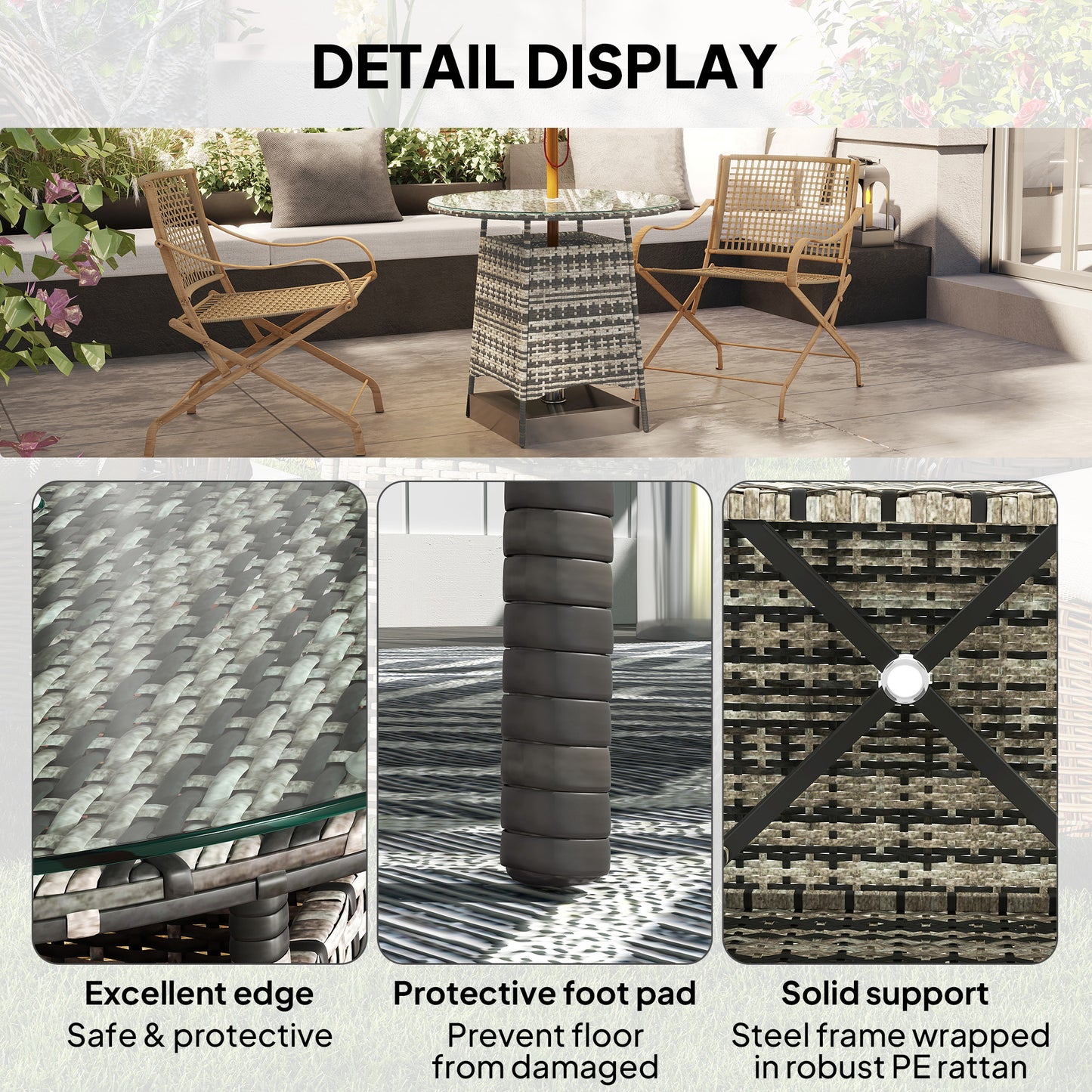 Outsunny Wicker Garden Rattan Outdoor Coffee Table With Umbrella Hole And Tempered Glass Top Grey