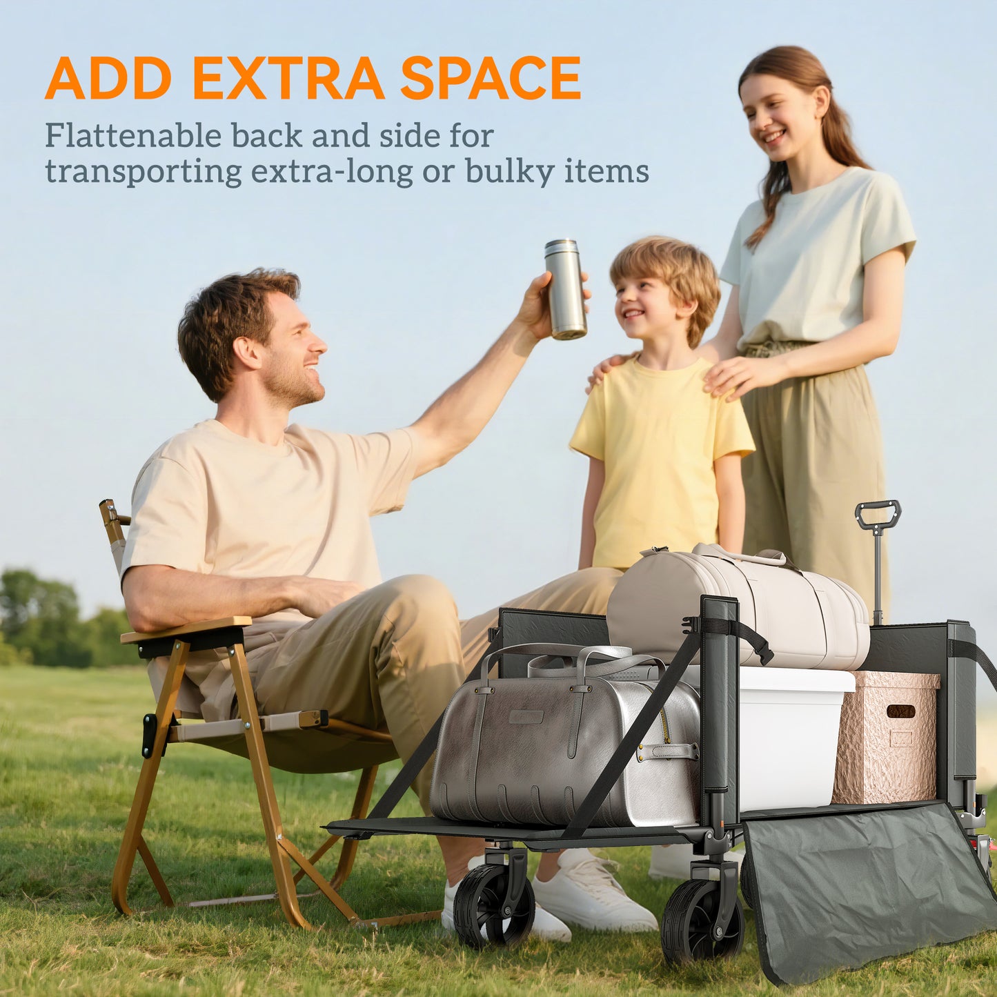 Outsunny 150L Folding Camping Trolley Cart Openable Sides Adjustable Handle Brakes for Shopping, Beach, Garden, Fishing