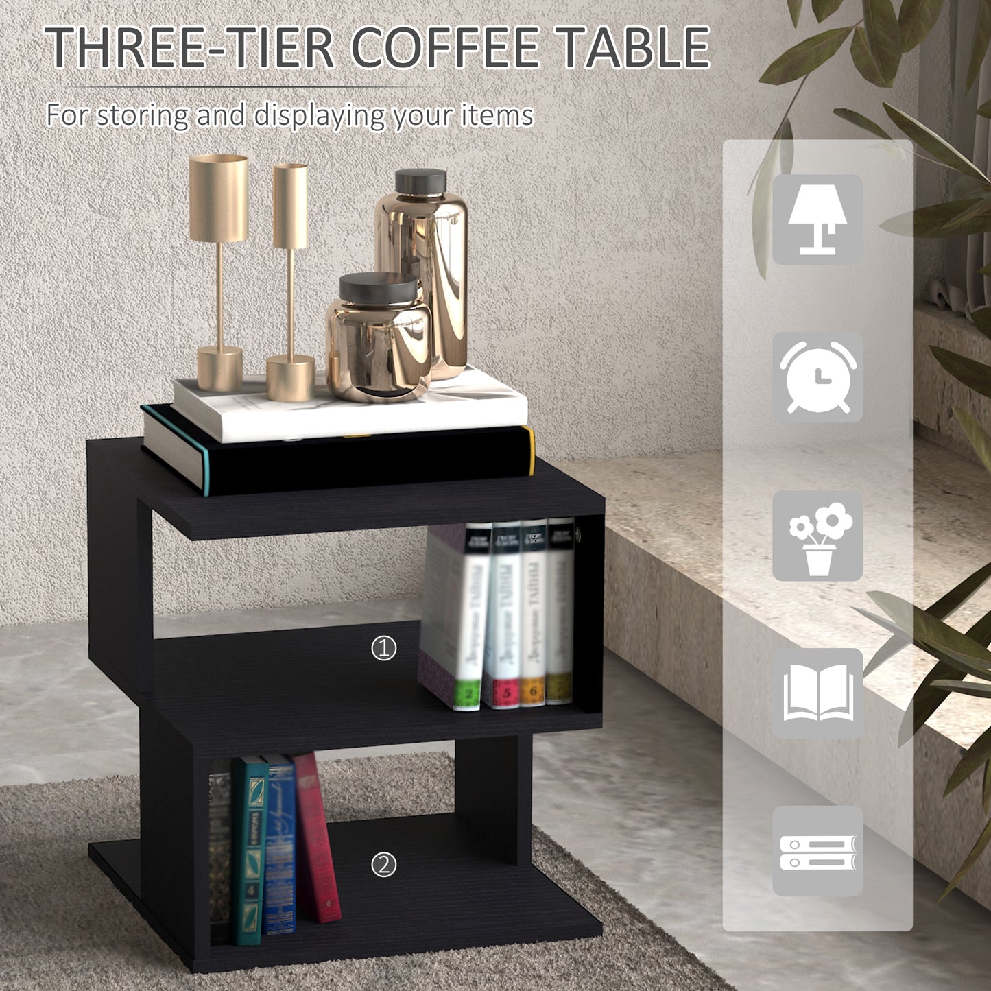 HOMCOM Set Of 2 Square Side Tables Modern End Tables With 2 Tier Storage Shelves Black