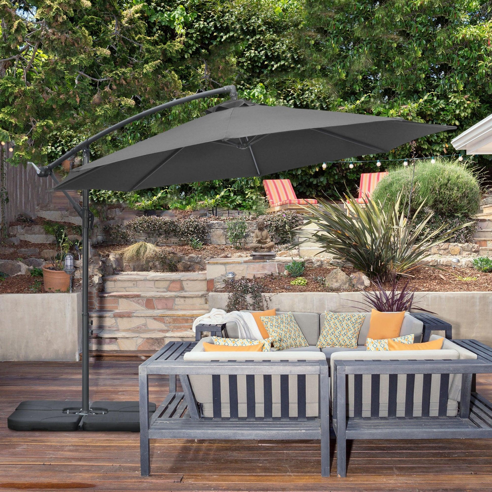 Outsunny 3m Garden Banana Parasol Cantilever Umbrella, Black, with Crank Handle, Cross Base - ALL4U RETAILER LTD