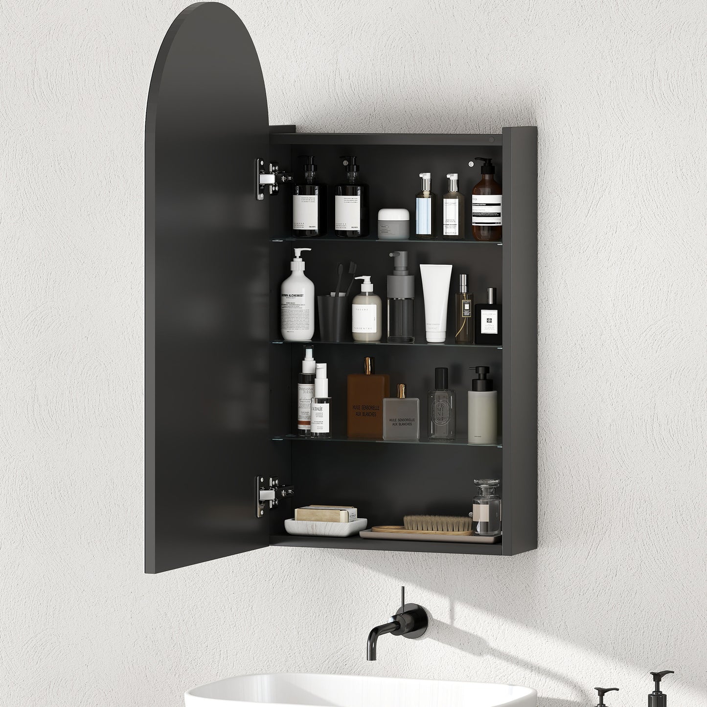 HOMCOM Arched Bathroom Mirror Cabinet With Adjustable Glass Shelves Black Finish