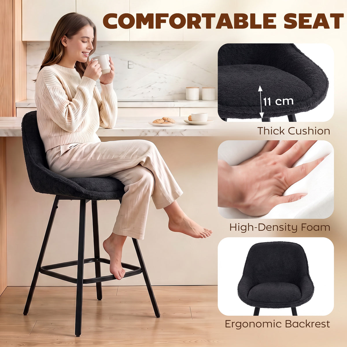 Black swivel bar stools with thick seat cushion, high-density foam look, and ergonomic backrest