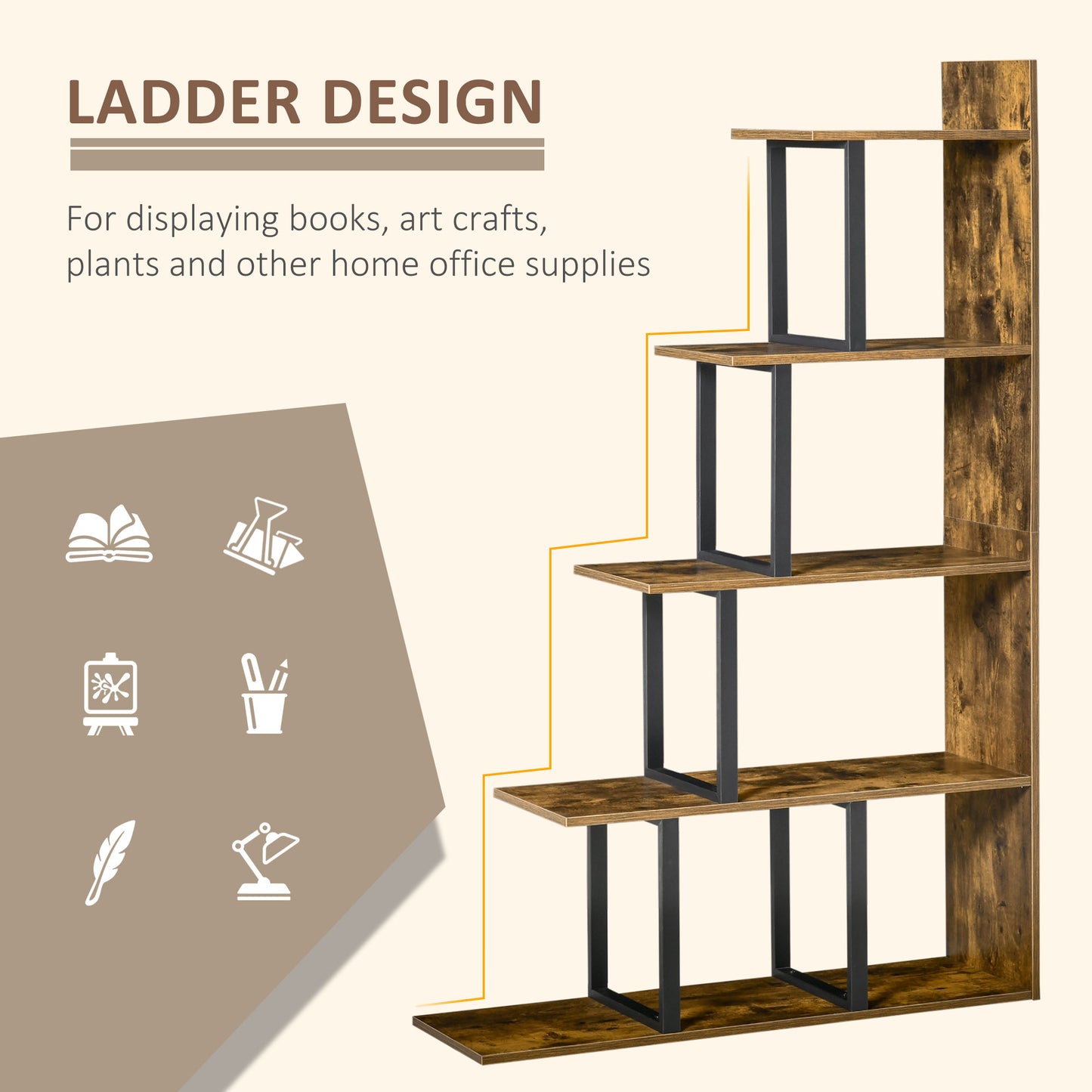 HOMCOM 5 Tier Bookcase Wooden Ladder Bookshelf Display Stand Rustic Brown For Home Office Living Room