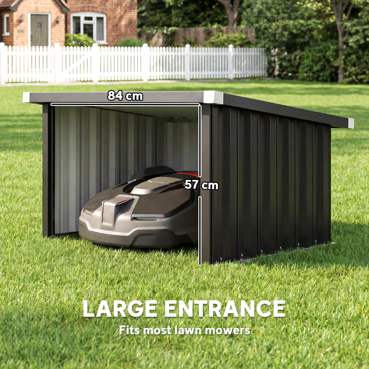 Robot mower storage garage with sloped roof and large entrance, open front, gray mower