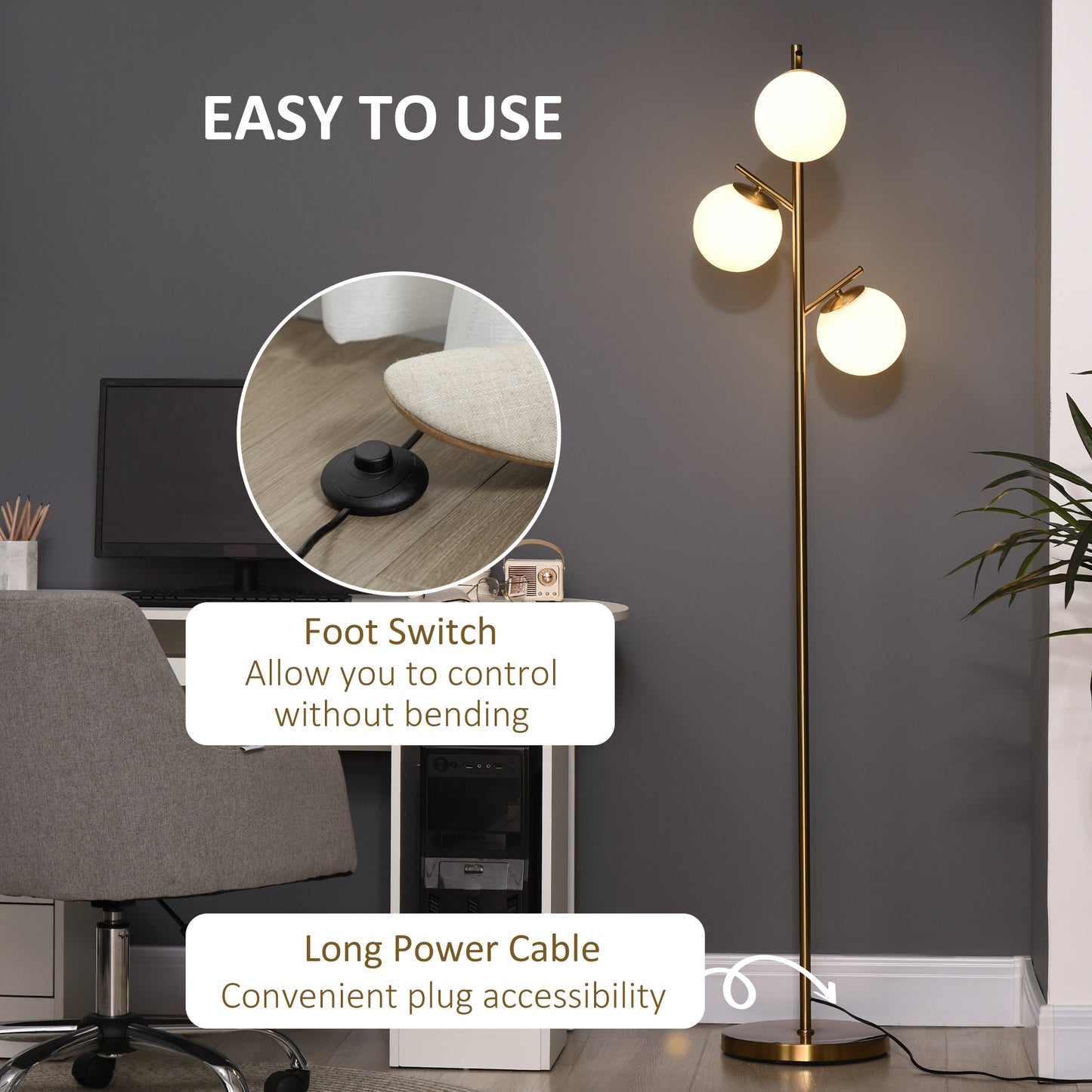 HOMCOM 3 Light Tree Floor Lamp With Globe Lampshades Modern Gold Tone Standing Light 3000K 4000K 6000K Temperatures