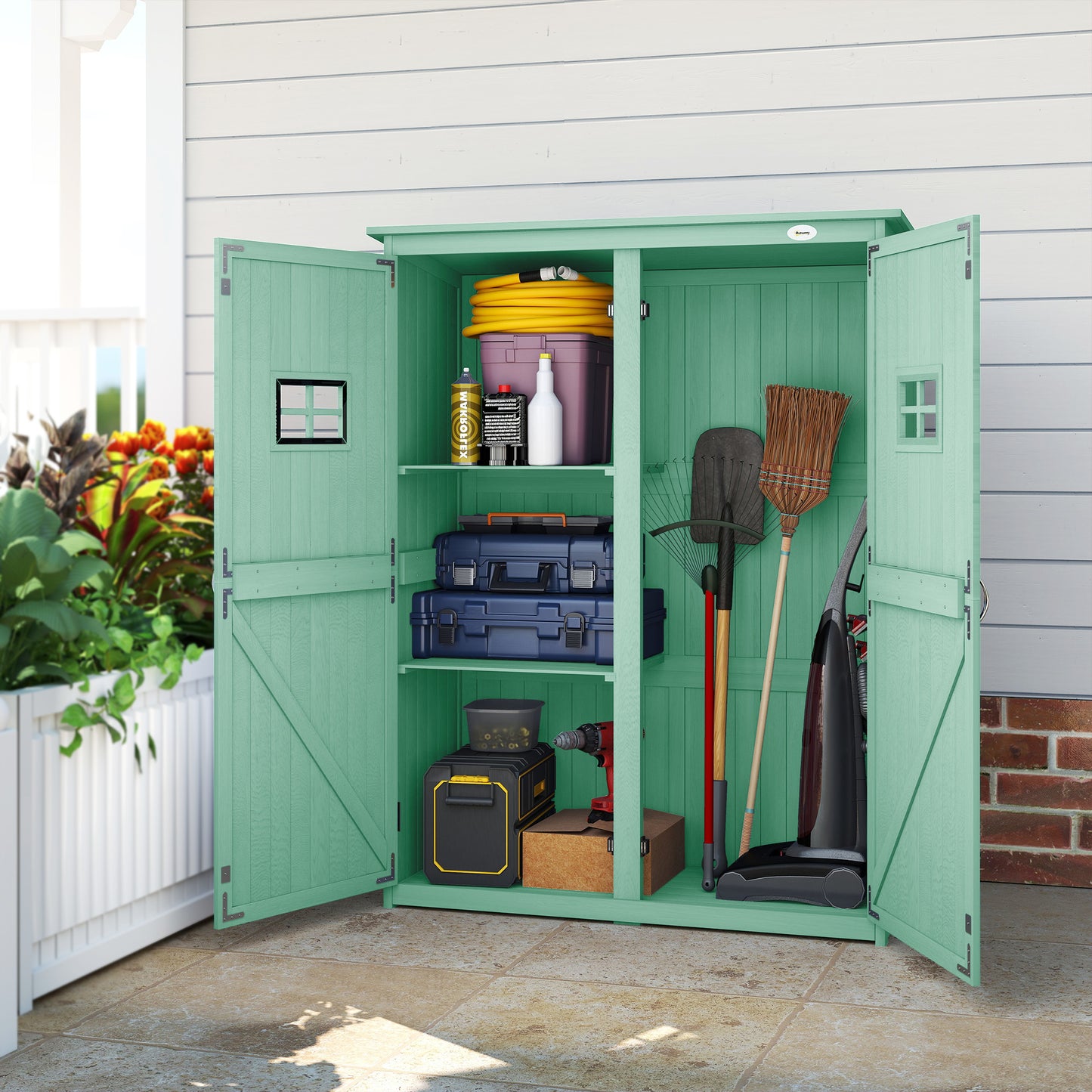 Outsunny Wooden Garden Shed With Two Windows And Double Doors Outdoor Tool Storage Cabinet Green