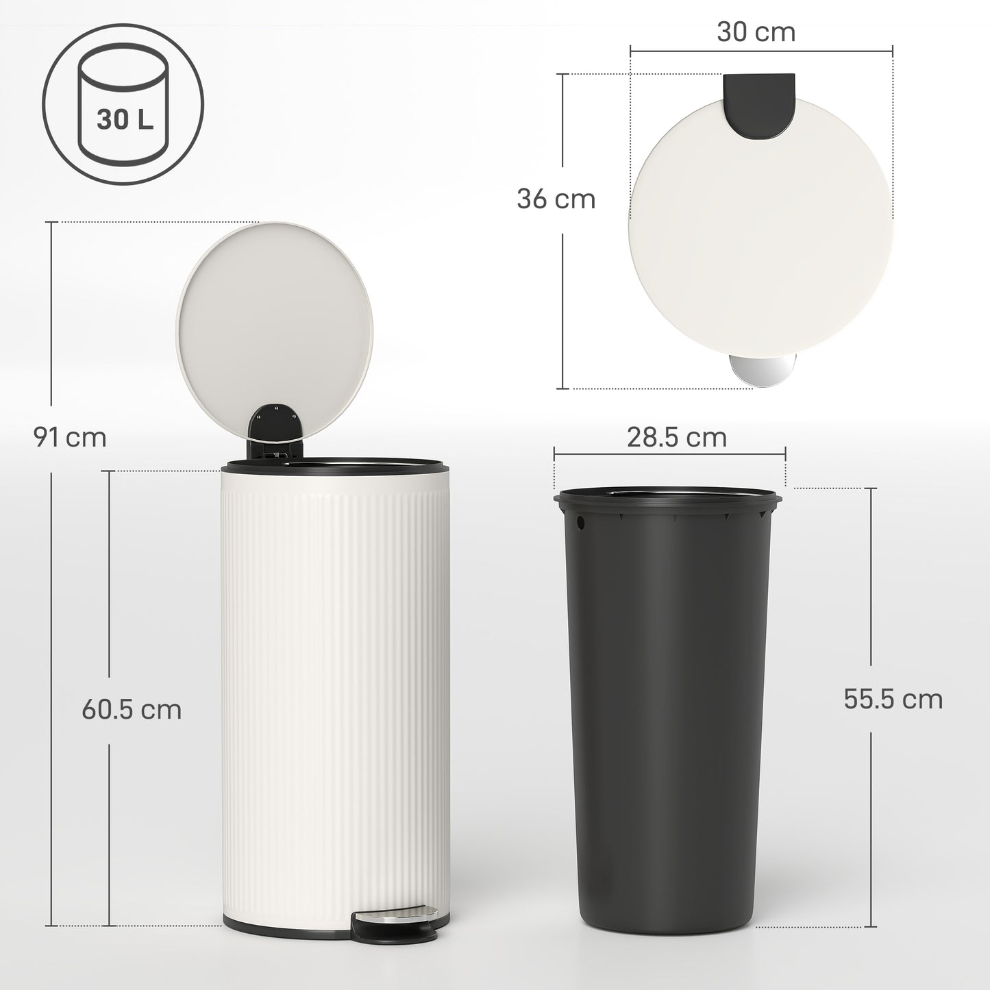 HOMCOM 30 Litre Pedal Kitchen Bin With Removable Inner Bucket Cream Soft Close Quiet Operation
