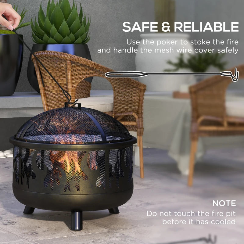 Outsunny Black Steel Fire Pit BBQ with Poker - Multi-Functional Outdoor Fire Feature for Grilling and Entertaining - ALL4U RETAILER LTD