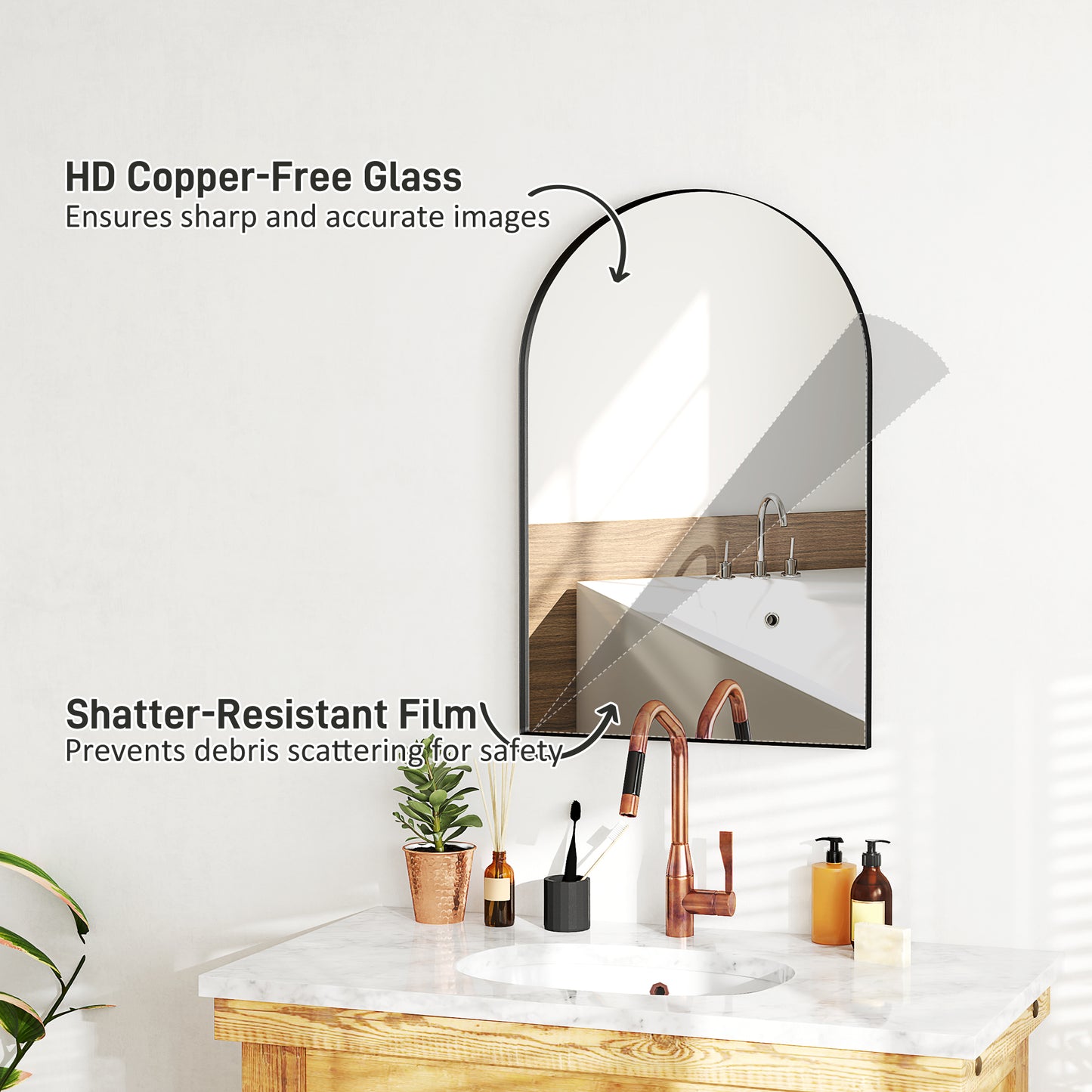 HOMCOM 60 X 90cm Arched Mirror Black With HD Glass And Shatter Resistant Film Plus Mounting Accessories