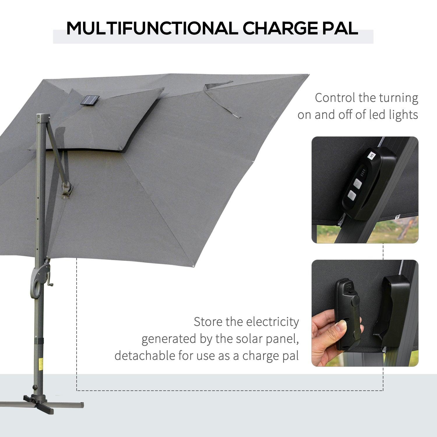 Outsunny 3x3m Cantilever Roma Parasol with LED Solar Light - Dark Gray - ALL4U RETAILER LTD