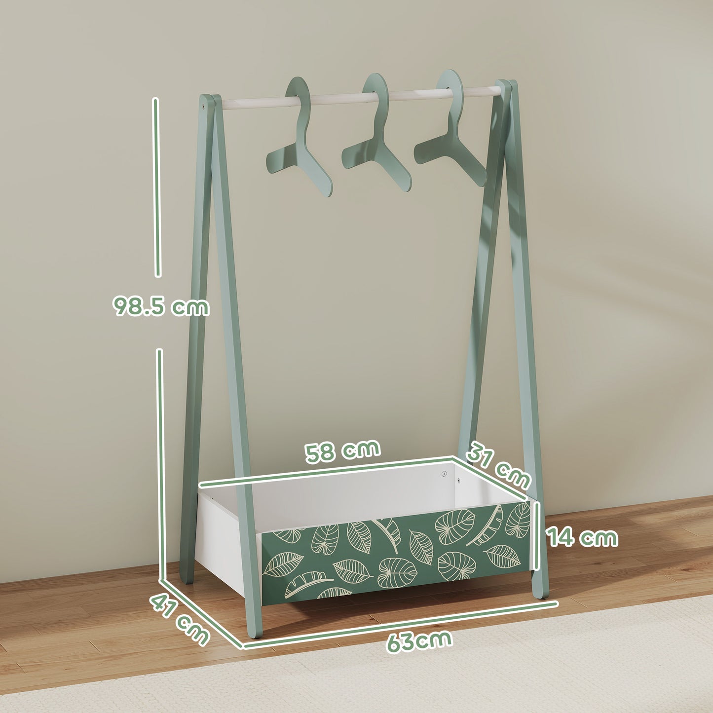 AIYAPLAY Baby Clothing Rack With Hangers And Storage Shelf For Bedroom Ages 3 To 6 Green Leaf Theme