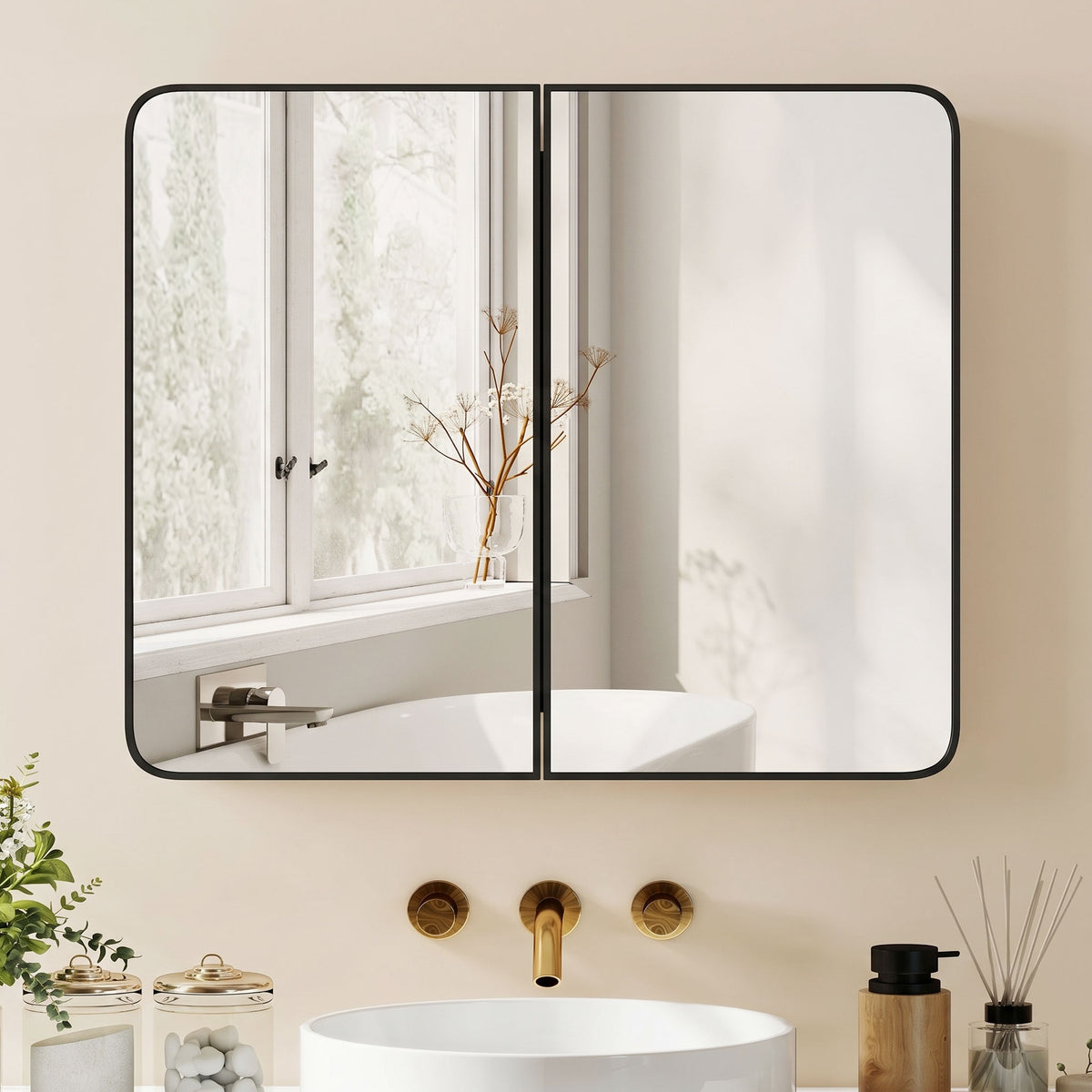 Black bathroom mirror cabinet with one door open, reflecting the bathtub area