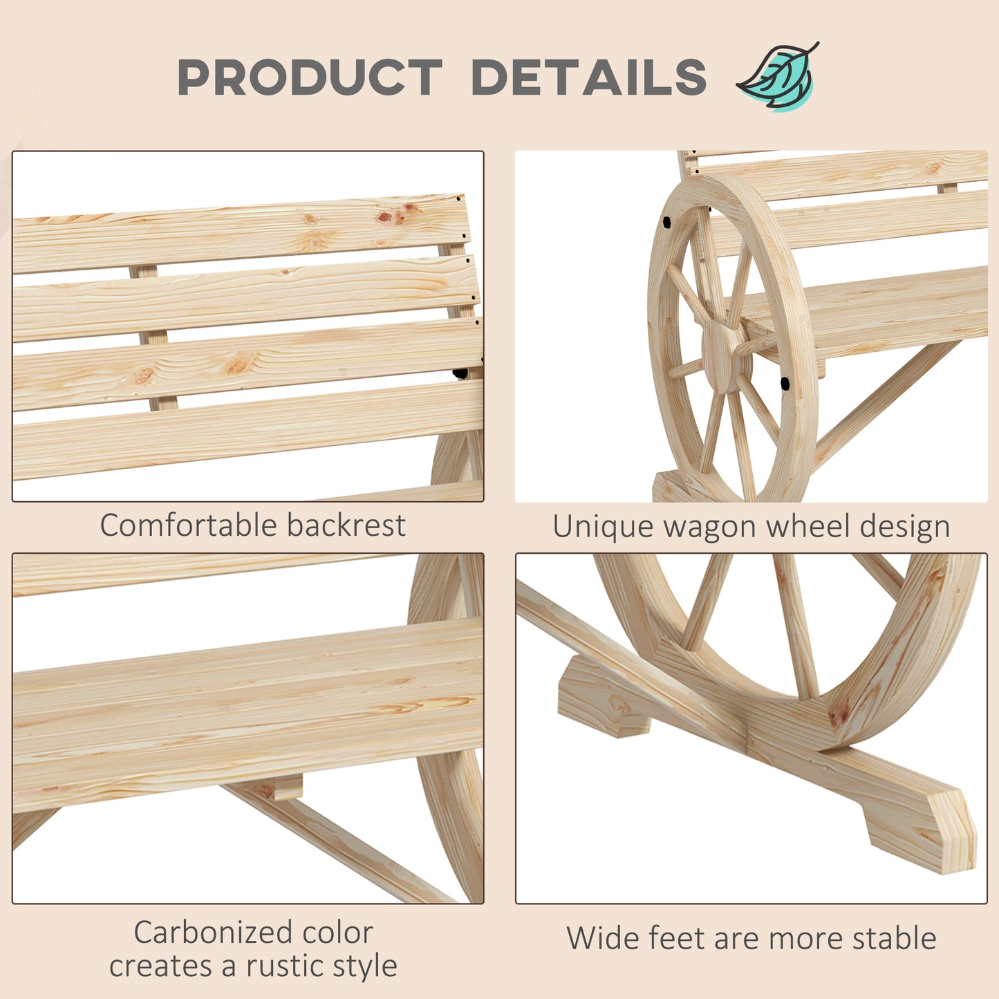 Outsunny Wagon Wheel Chair Bench With Armrests Rustic Loveseat For Outdoor Garden Patio Natural Wood Finish