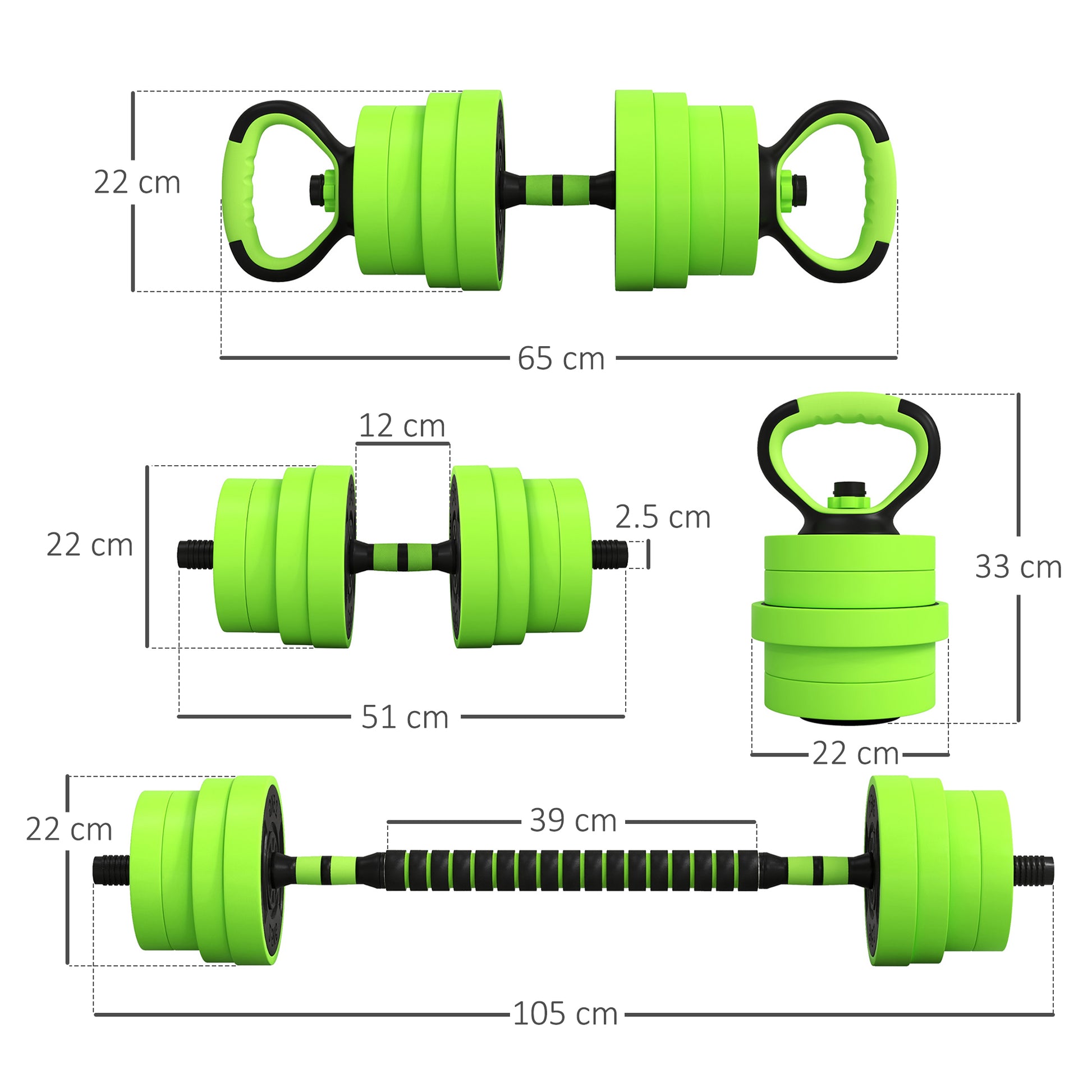 SPORTNOW 30kg Multi-Function Adjustable Dumbbell Set - Weights, Barbell, Kettlebell & Push-Up Stand - Green - ALL4U RETAILER LTD