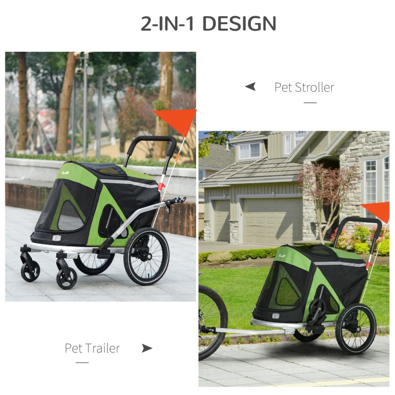 PawHut 2-in-1 Aluminum Foldable Dog Bike Trailer and Pet Stroller for Medium Dogs - Green - ALL4U RETAILER LTD