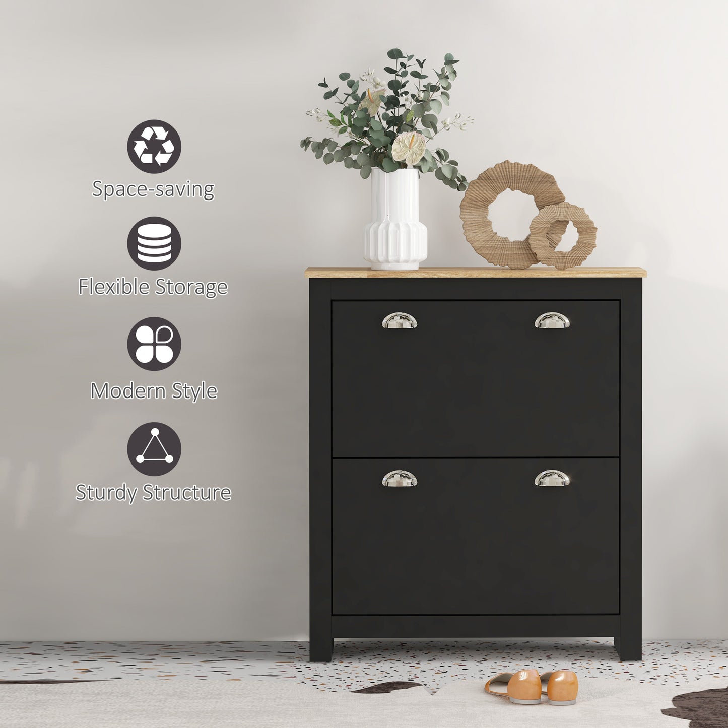 Homcom 2 Drawer Shoe Cabinet Modern Narrow Hallway Cupboard With Flip Doors Adjustable Shelves For 6 To 12 Pairs Black