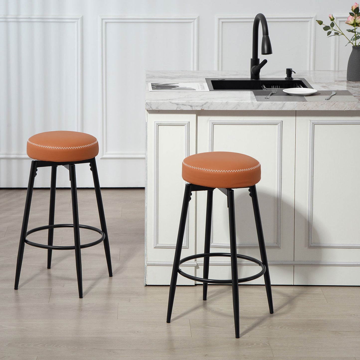 HOMCOM Set of Two Faux Leather Bar Stools Brown and Black Cushioned Seats with White Edge Stitching