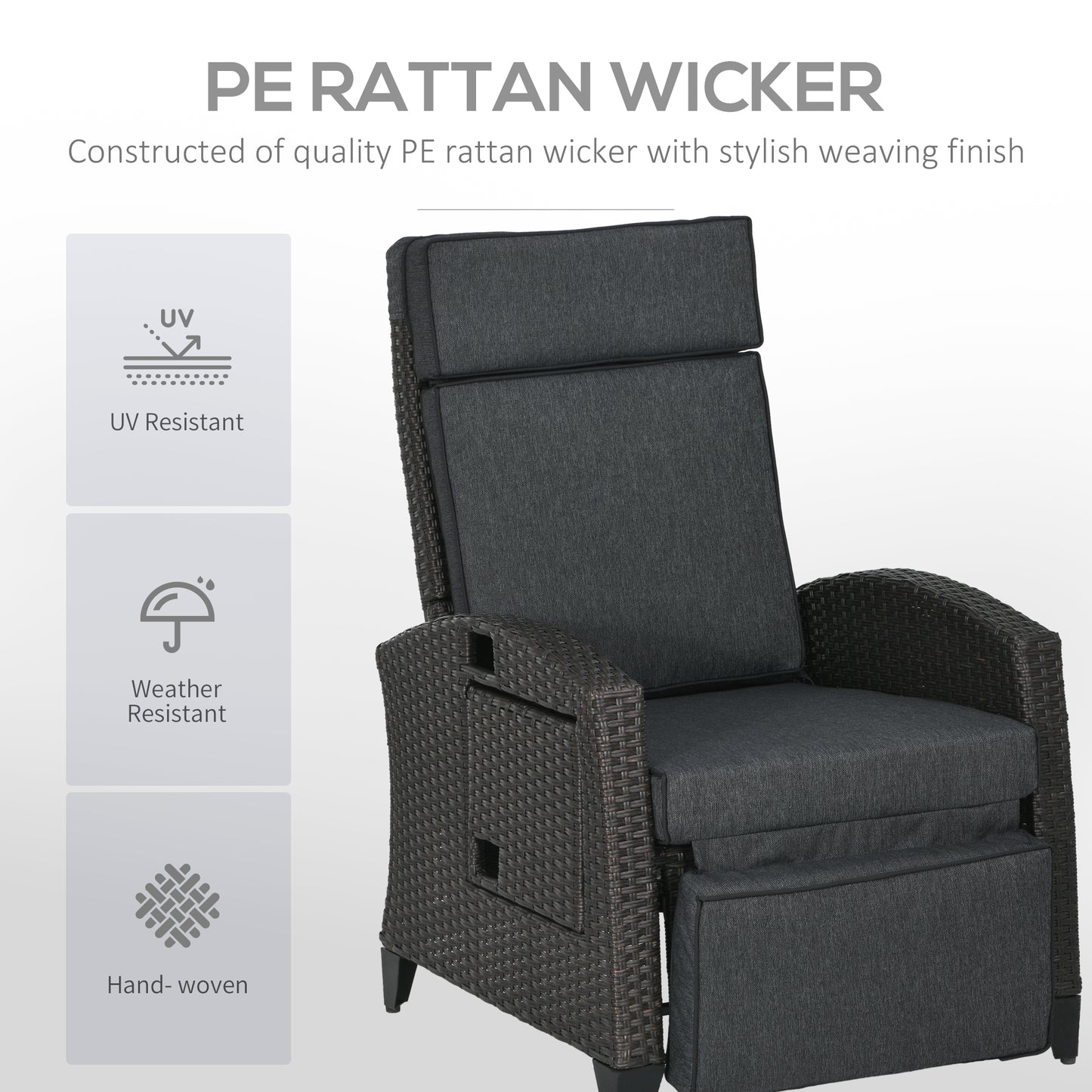 OutsunnyAdjustable Grey Rattan Recliner Chair with Cushion, Side Table, and Footrest - ALL4U RETAILER LTD