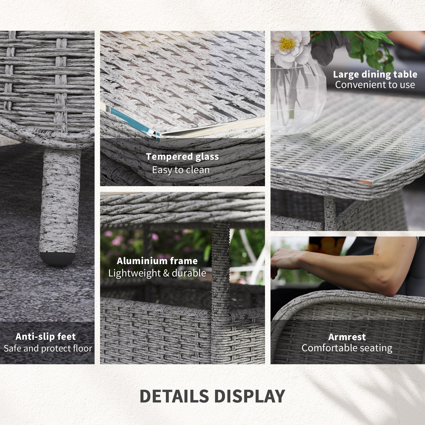Outsunny 4 Seater PE Rattan Garden Sofa Set With High Back Cushioned Chairs And Tempered Glass Coffee Table Light Grey