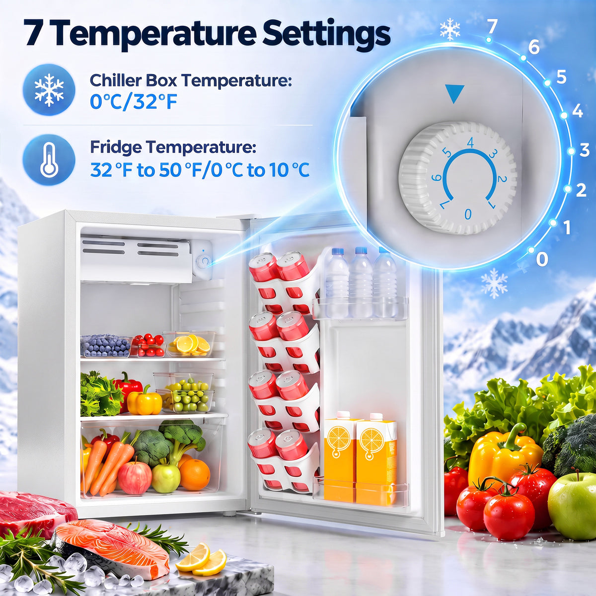 White mini fridge with chiller box and thermostat dial, open door showing shelves and bins.