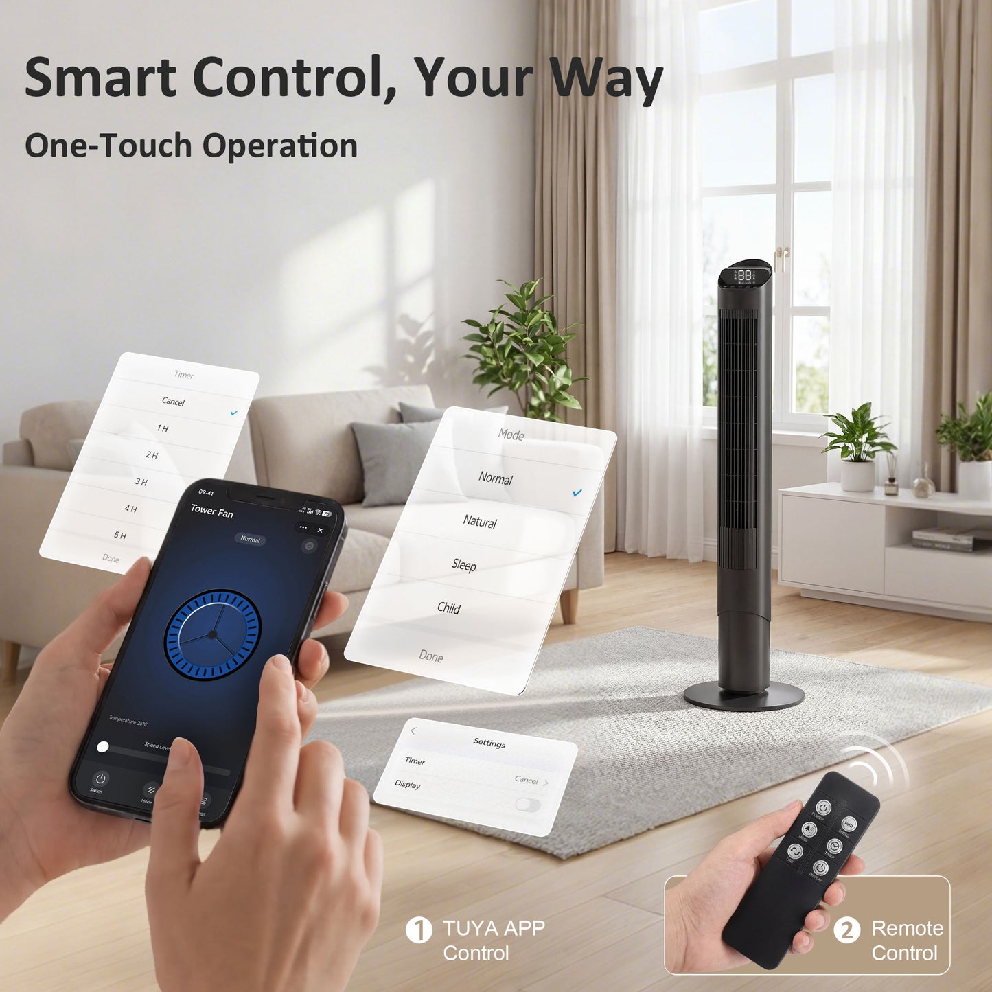 HOMCOM Tower Fan With WiFi App Control Remote Control 101.8 cm Standing Floor Cooling Fan Black
