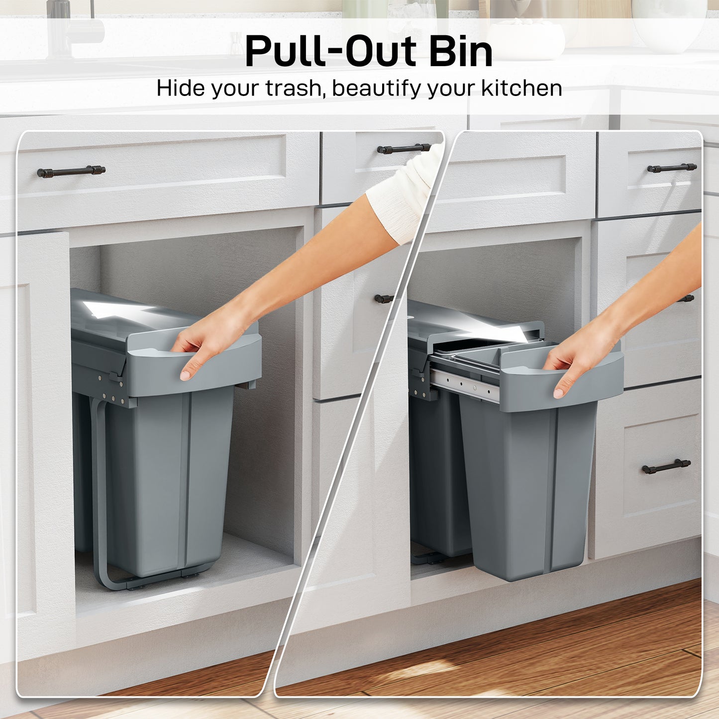 HOMCOM 2 Bin Under Sink Kitchen Trash Bin With Dual 20L And 10L Compartments Removable Bins Diamond Pattern Lid Gray