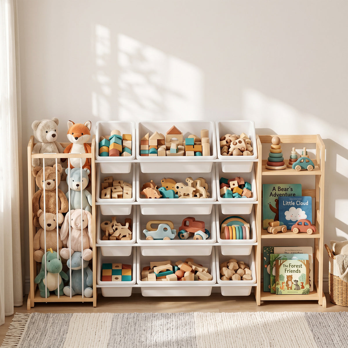 AIYAPLAY wooden toy organizer with open shelves and white bin storage for toys
