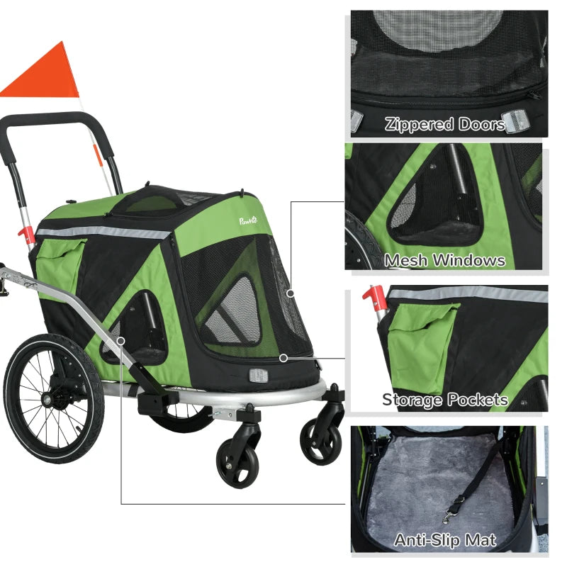 PawHut 2-in-1 Aluminum Foldable Dog Bike Trailer and Pet Stroller for Medium Dogs - Green - ALL4U RETAILER LTD