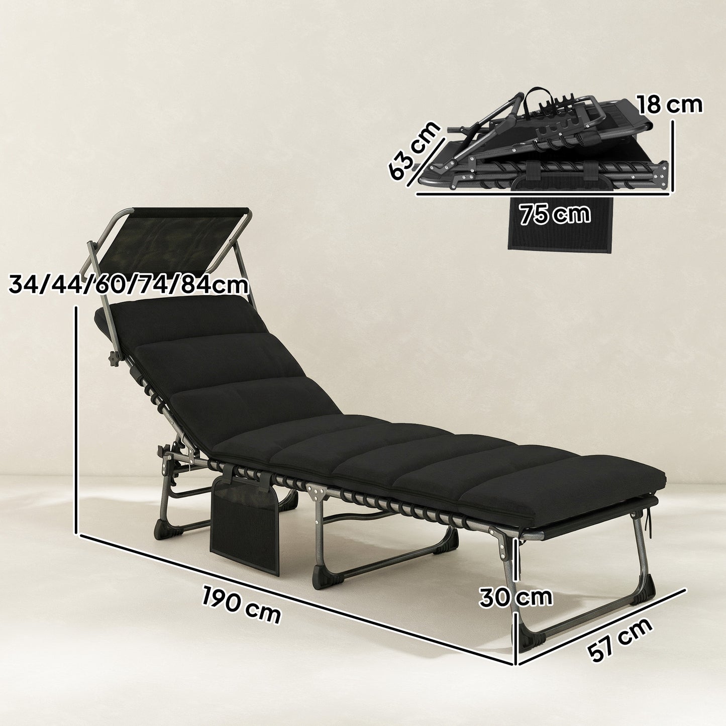 Outsunny Folding Sun Lounger with Canopy and Cushion, Reclining Sunbed with Side Pocket and Carry Handle, Black
