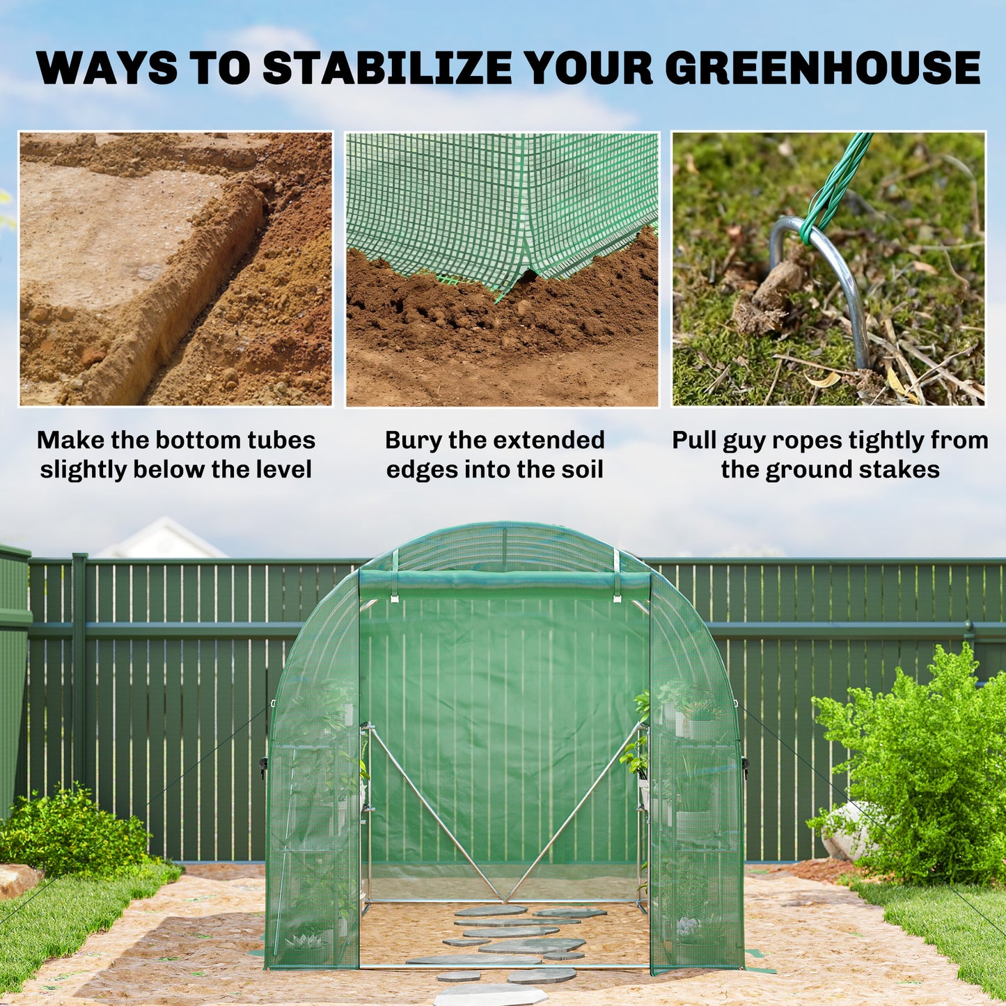 Outsunny Walk In Greenhouse Polytunnel With Shelves Roll Up Door 6 Mesh Windows UV Resistant 198 x 275 x 191 cm Green