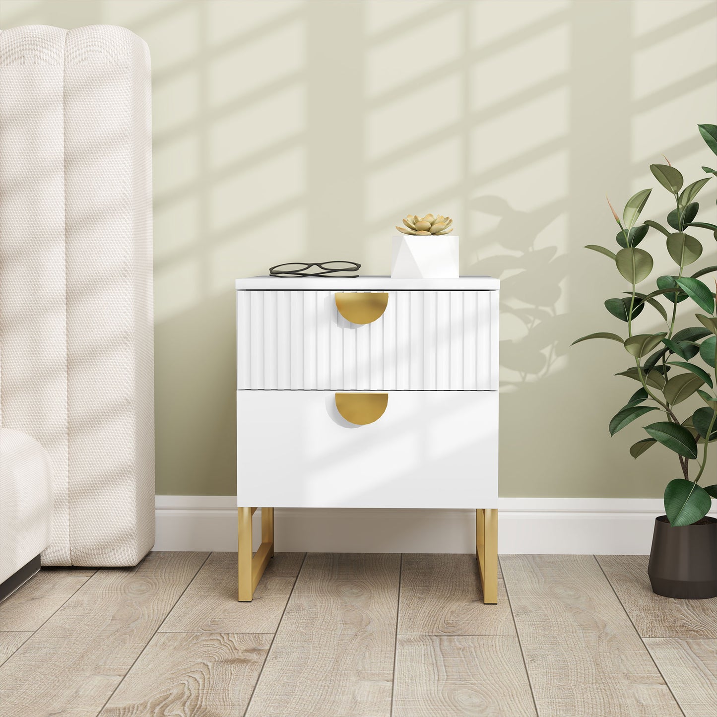 HOMCOM Elegant Two Drawers Bedside Table White With Gold Handles And Metal Base Frame