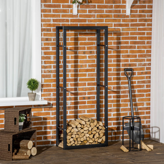 HOMCOM Stylish Black Metal Firewood Rack - Tall Indoor/Outdoor Log Holder for Fireplace Storage, 150cm Height - ALL4U RETAILER LTD