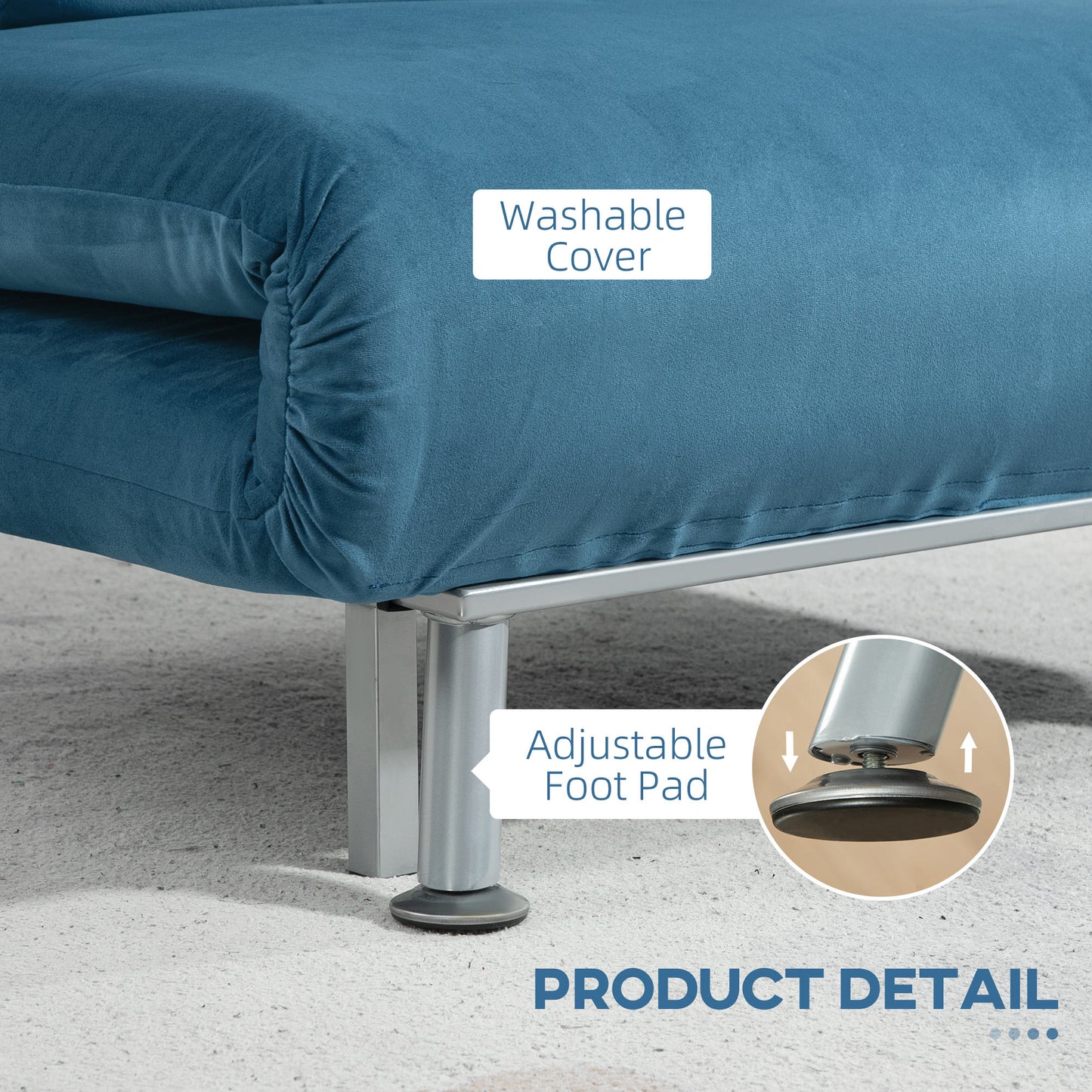 HOMCOM Velvet Feel Sleeper Chair Blue 3 In 1 Chair To Chaise Longue And Bed With Five Level Adjustable Backrest