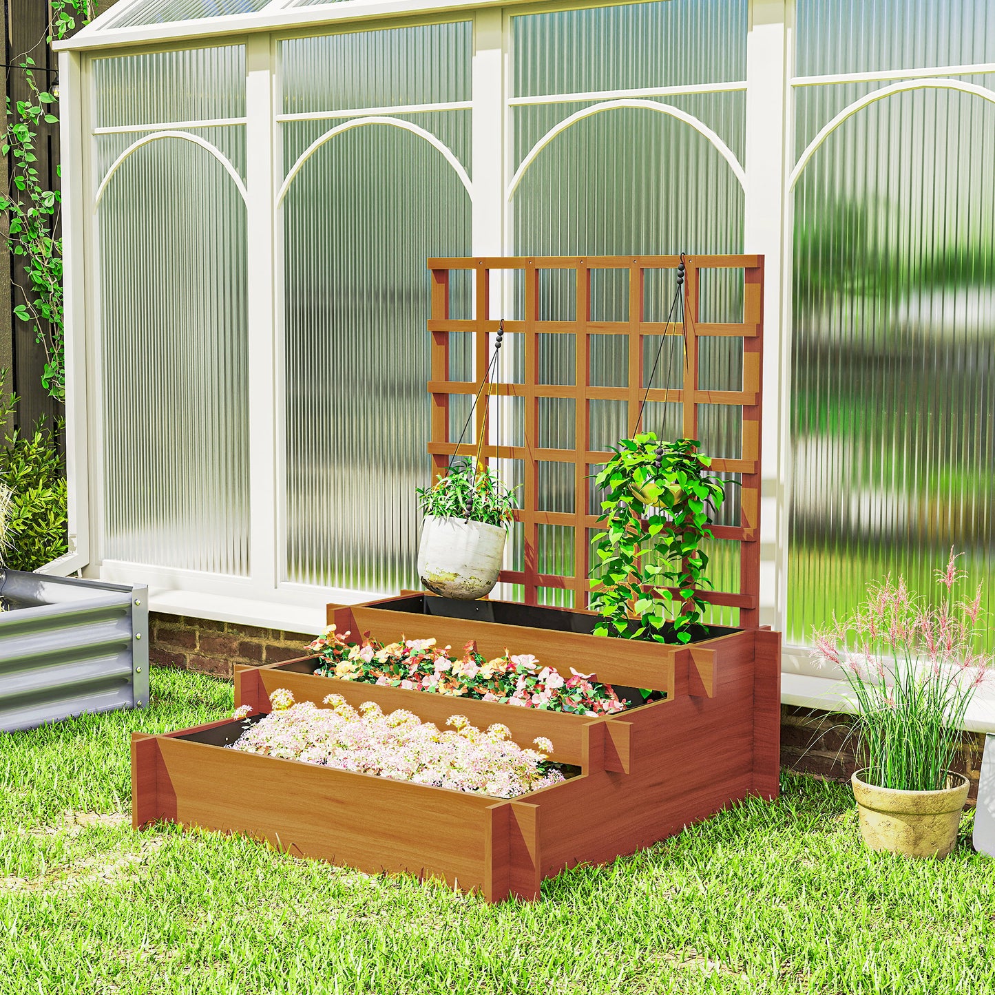 Outsunny 3 Tier Garden Planters With Trellis For Vine Climbing Wooden Raised Beds 95x95x110cm Brown