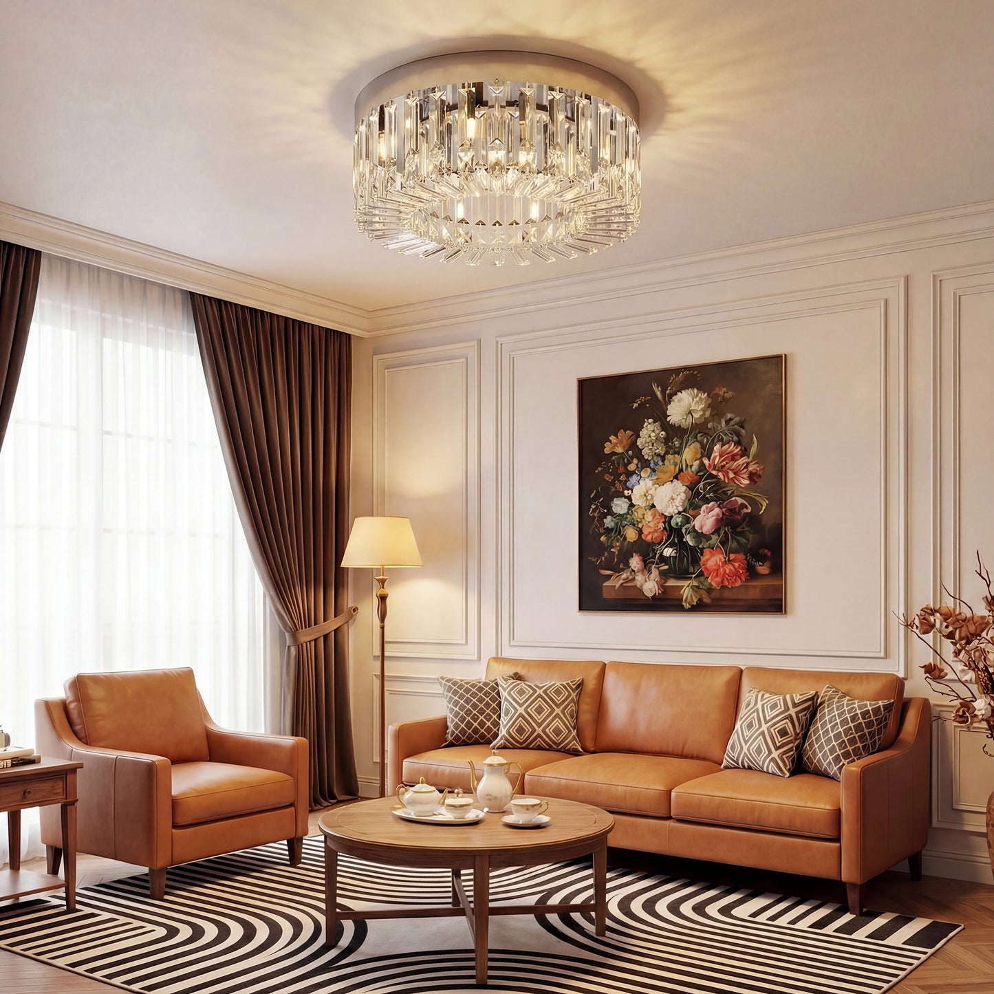 HOMCOM Crystal Chandelier With 160 Crystal Pendants Six Light Ceiling Fixture In Silver Tone For Living Room And Dining