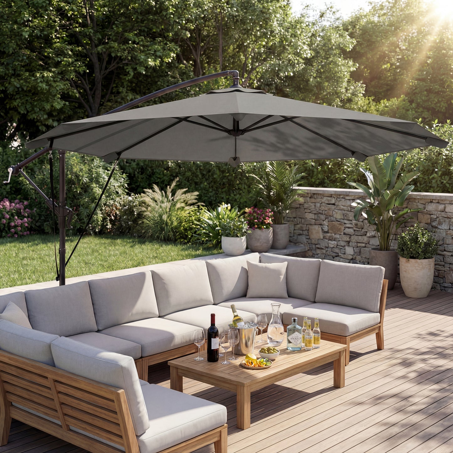 Outsunny 3 Meter Cantilever Parasol With Protective Cover And Wind Ropes Banana Parasol With Crank Handle Light Grey