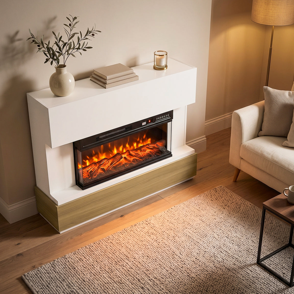Wall-front electric fireplace with white mantel, wood base, and flickering flame effect