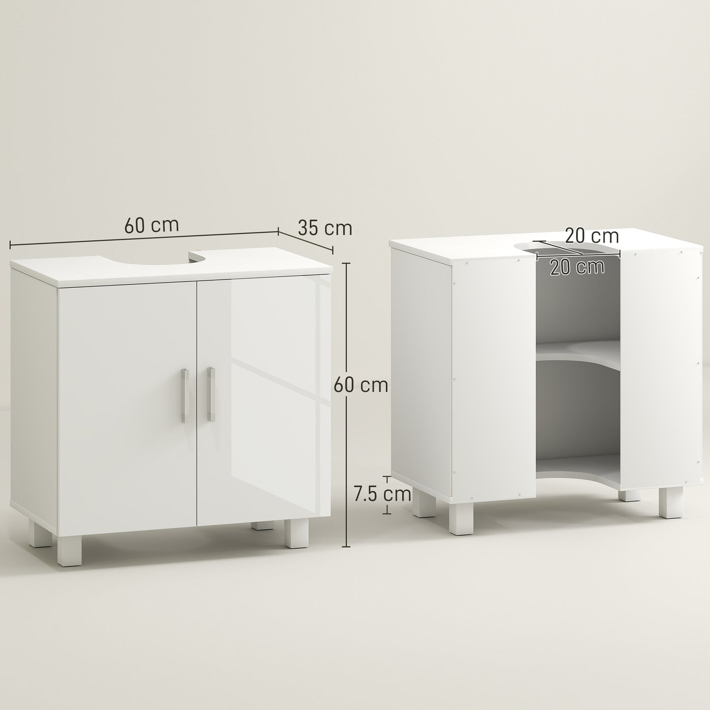 HOMCOM Under Sink Cabinet For Bathroom Basin Or Pedestal High Gloss White With Middle Shelf
