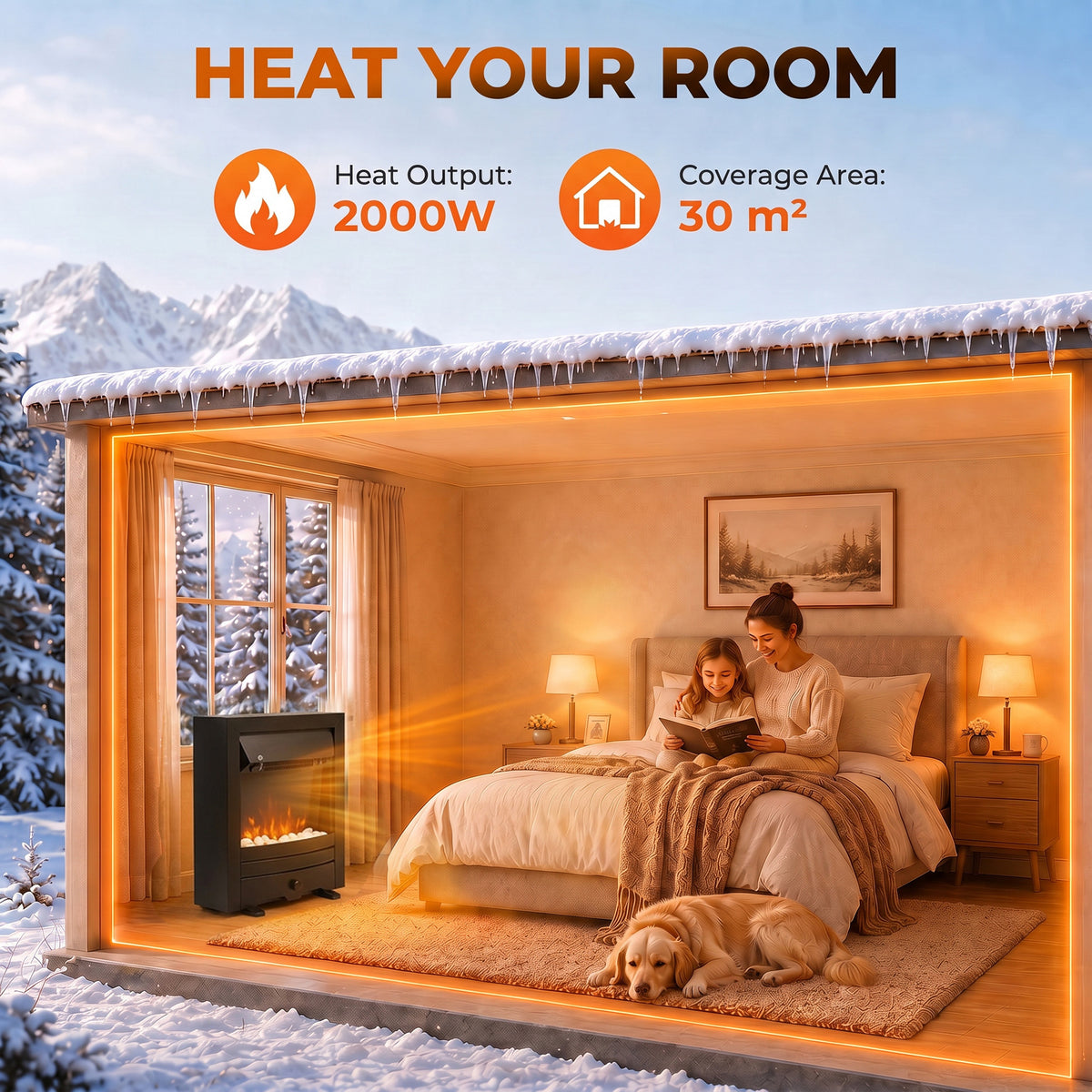 Black electric fireplace stove showing LED flame heat output glow in a living room setting