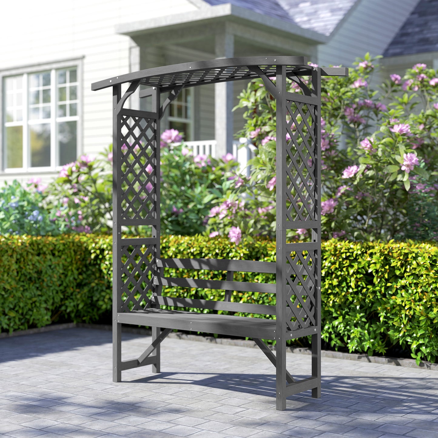 Outsunny Wooden Garden Arbour Bench With Trellis For Climbing Plants And Vines Grey Finish