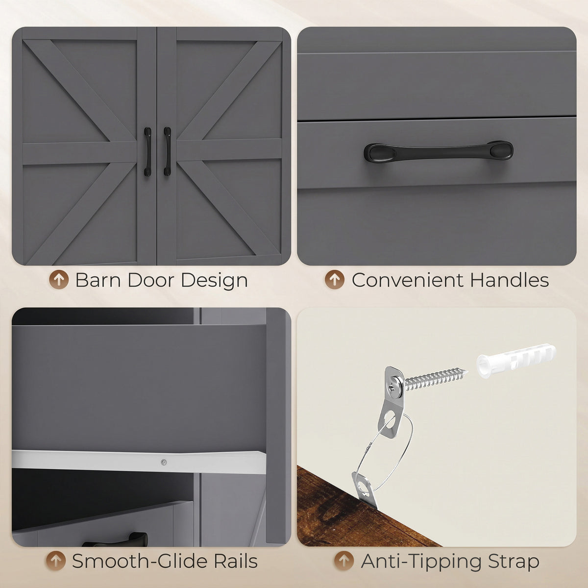 HOMCOM Grey Farmhouse Sideboard with Power Outlet 3 Drawers Open Shelf
