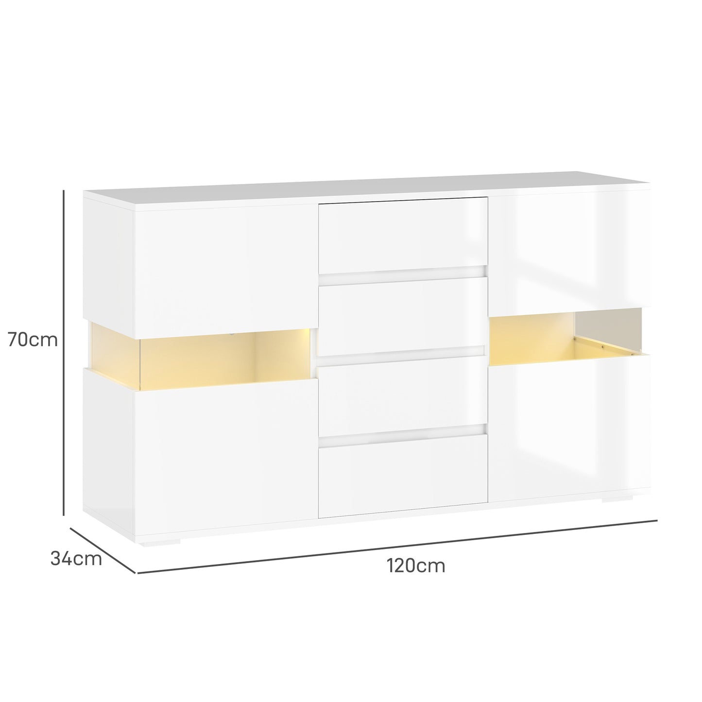 HOMCOM LED Light Sideboard High Gloss White With Four Drawers Two Side Cupboards Remote Control Color Changing Lighting