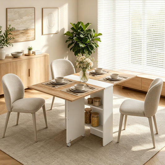 Folding dining table with drop-leaf extensions, two-tier shelves, and white frame