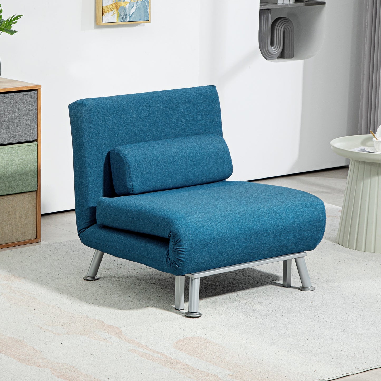 Homcom Linen Look Sleeper Chair Blue 3 In 1 Convertible Chair With 5 Level Adjustable Backrest For Space Saving