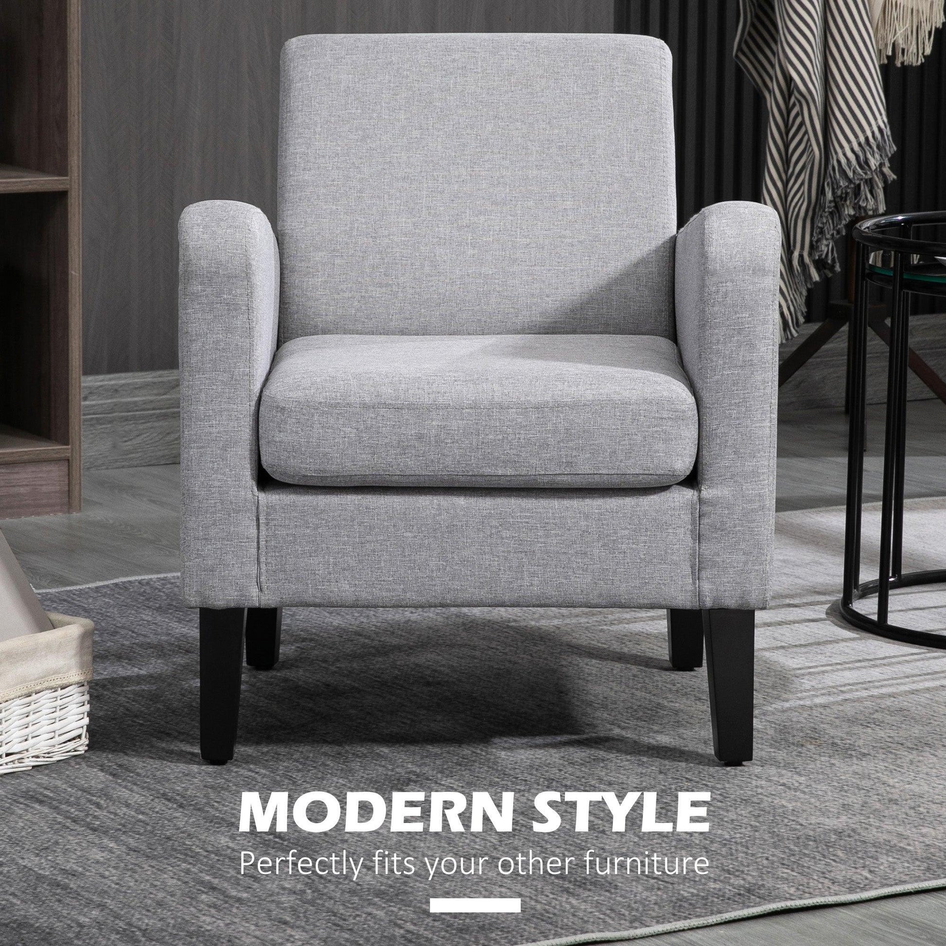 HOMCOM Modern Armchair Accent Chair with Rubber Wood Legs for Bedroom Light Grey - ALL4U RETAILER LTD