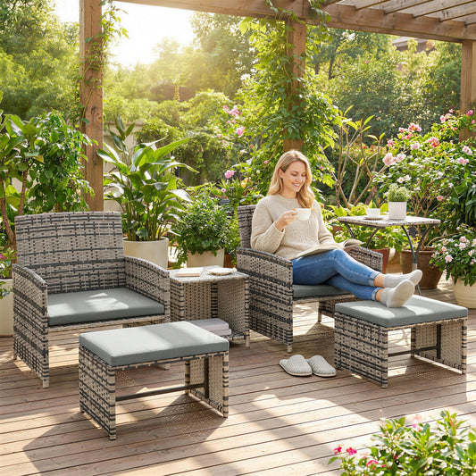 Outsunny 6 Piece Rattan Garden Furniture Set With Nesting Tables Chairs Stools Cushions Grey Patio Outdoor Living
