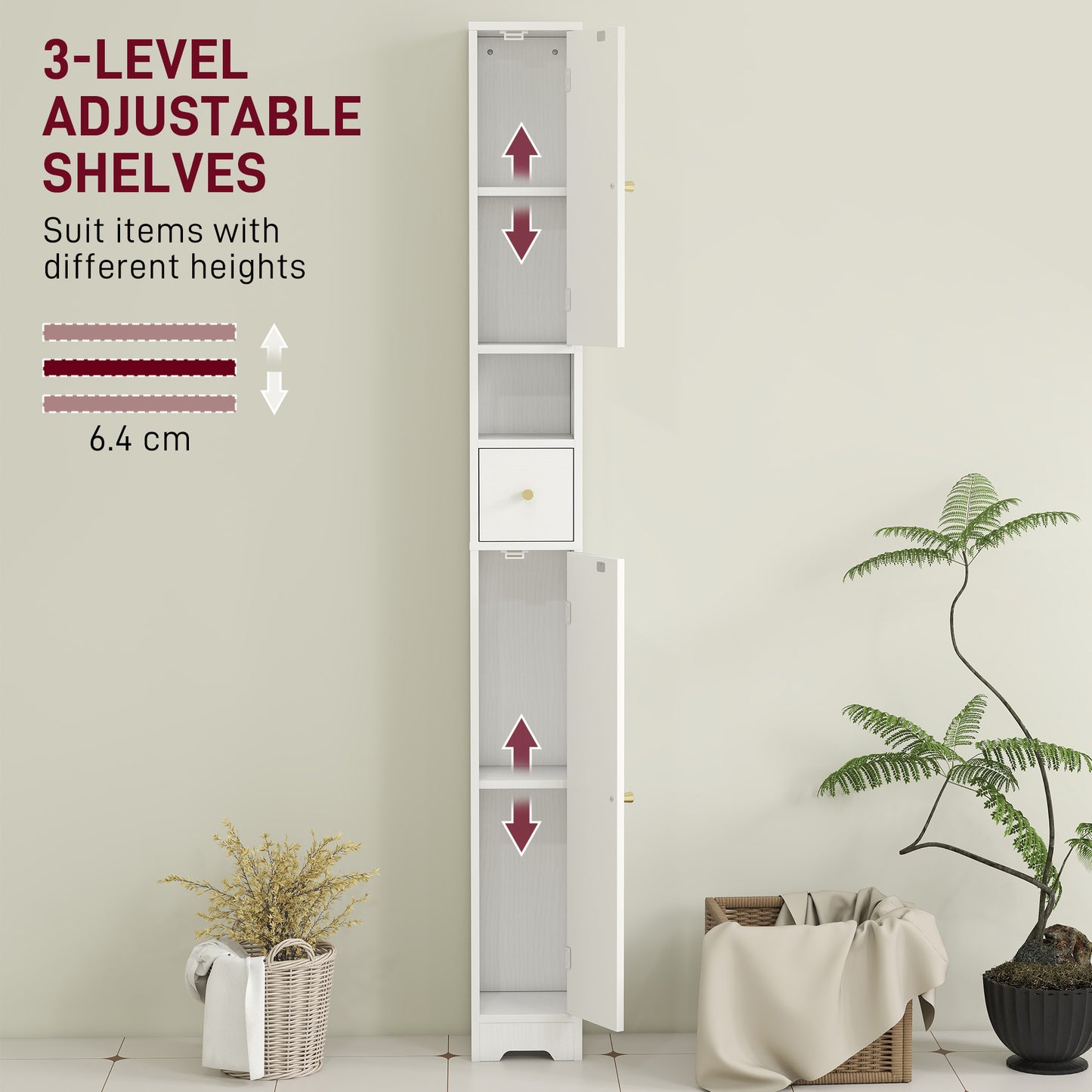 HOMCOM 185 Cm Tall White Bathroom Cabinet With Arched Doors Slim Space Saving Storage With Adjustable Shelves