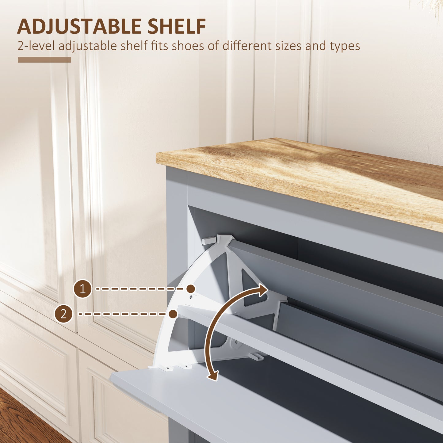 HOMCOM 2 Drawer Shoe Cabinet Narrow Modern Hallway Shoe Storage Cupboard With Flip Doors And Adjustable Shelves Grey