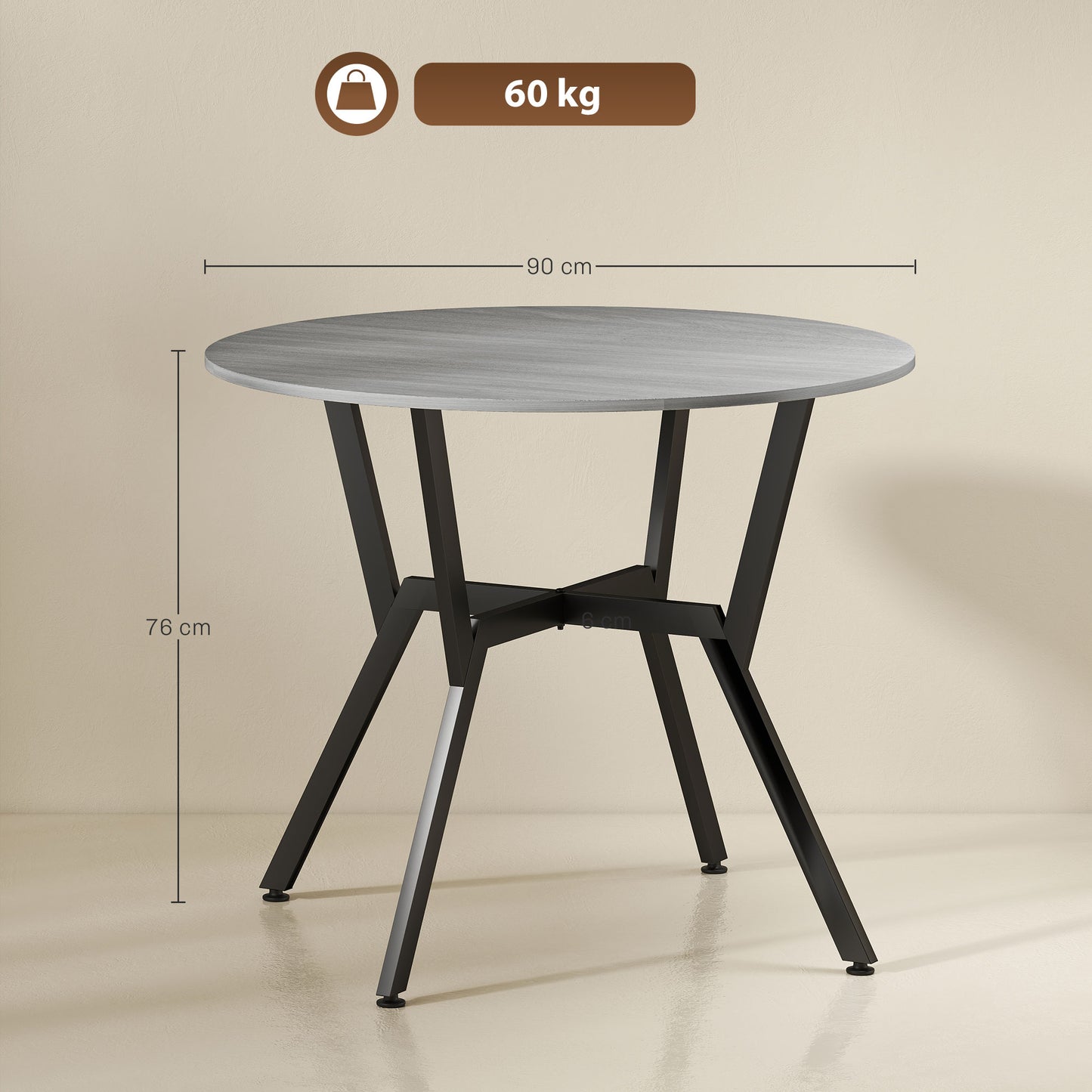 HOMCOM Round Dining Table 90 x 76 cm Grey with Black Metal Legs Anti Slip Foot Pads for Living Room and Dining Room
