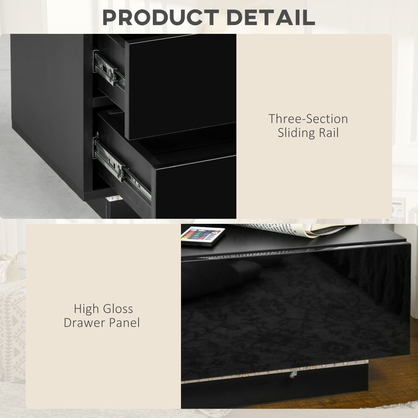 HOMCOM High Gloss Front Bedside Nightstand With Drawers RGB LED Light And Remote Black